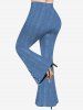 Plus Size Lace Up Bowknot Denim 3D Print Flare Pants -  