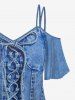 Plus Size Lace Up Bowknot Denim 3D Print Cold Shoulder T-shirt -  
