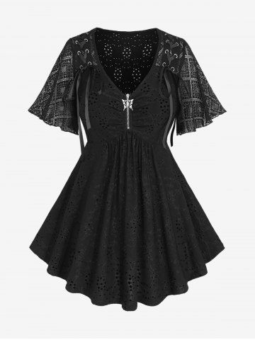 Plus Size Plaid Lace Flutter Sleeves Lace-up Butterfly Zipper Eyelet Hollow Out Jacquard Embroidered Solid Top - BLACK - 1X | US 14-16