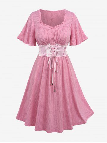 Plus Size Flutter Sleeves Ruched Ruffles Ombre Tie Dye Floral Lace Up Solid Corset A Line Dress - LIGHT PINK - L | US 12