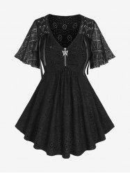 Haut Zippé Evidé Papillon Brodé à Carreaux en Dentelle à Manches Bouffantes Grande Taille en Jacquard - Noir M | US 10