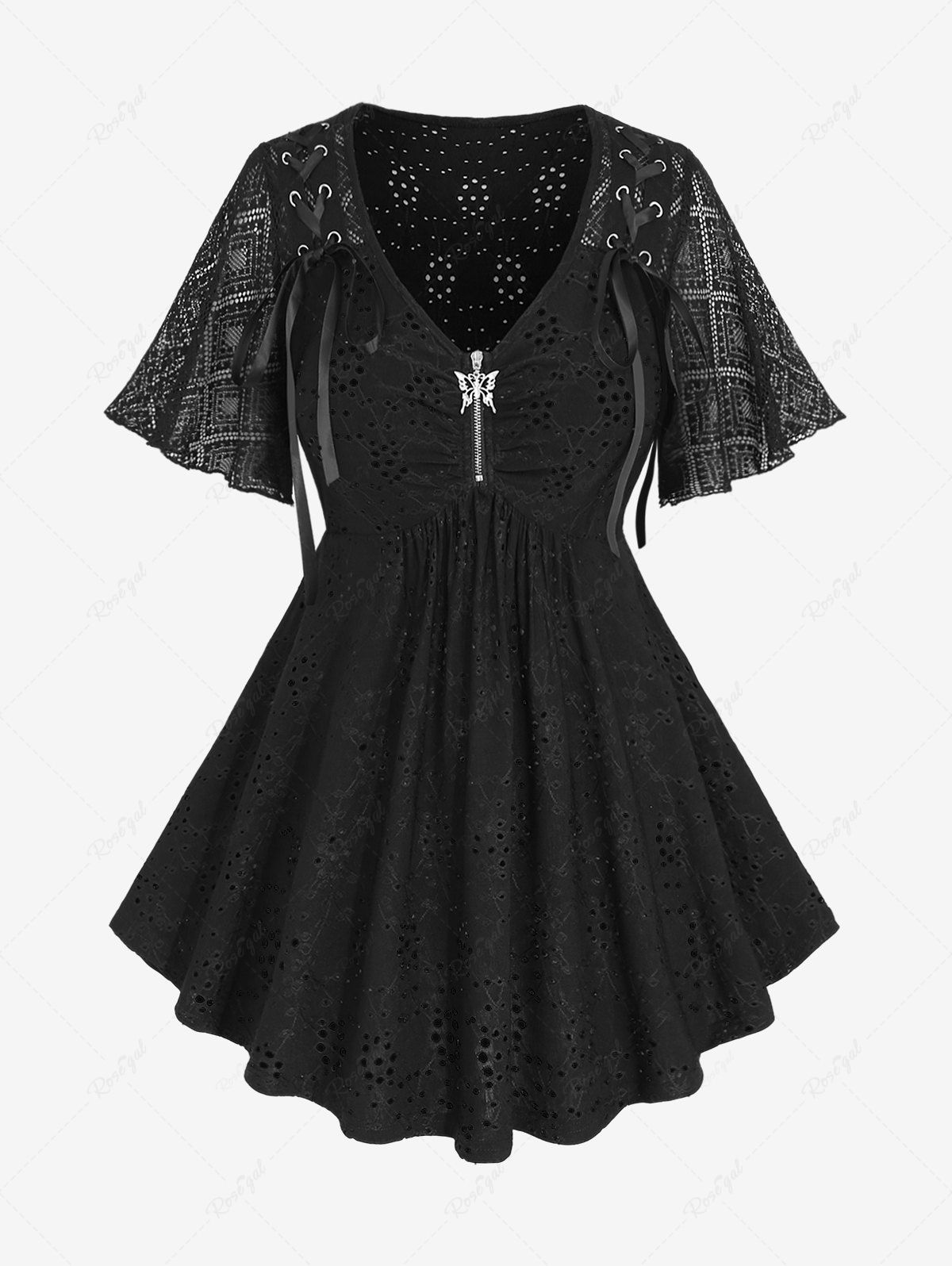 Haut Zippé Evidé Papillon Brodé à Carreaux en Dentelle à Manches Bouffantes Grande Taille en Jacquard Noir M | US 10