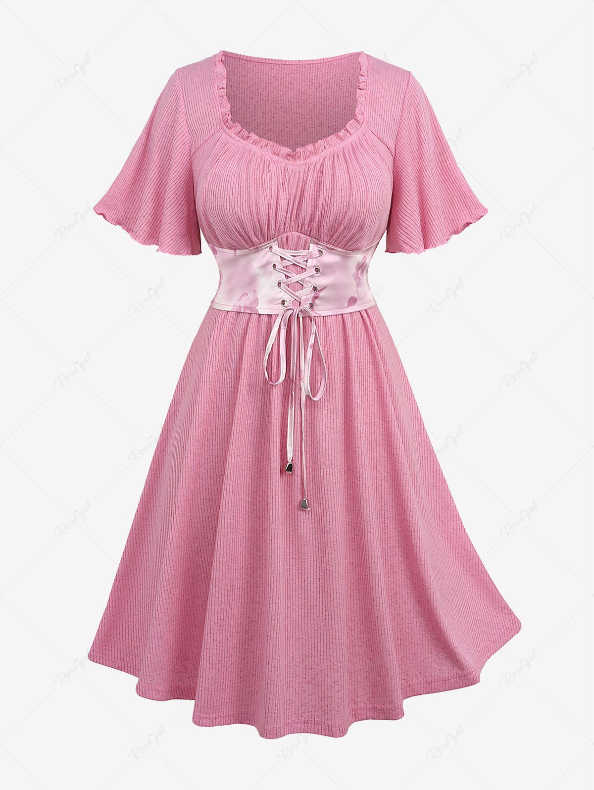 Online Plus Size Flutter Sleeves Ruched Ruffles Ombre Tie Dye Floral Lace Up Solid Corset A Line Dress  