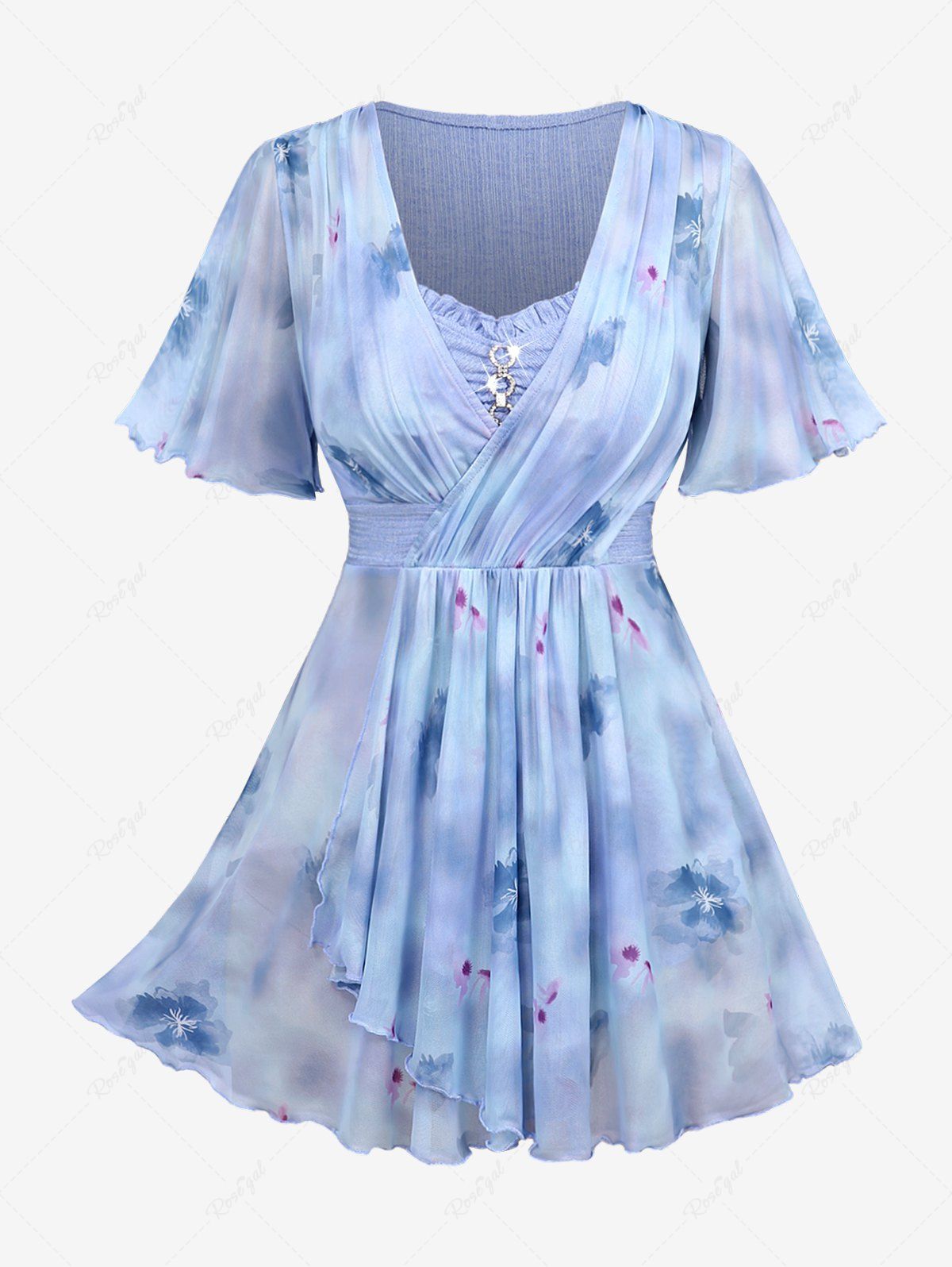 New Plus Size Flowers Watercolor Painting Print Surplice Chain Panel Ruched Ruffles Tulip Hem Top  