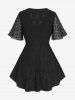 Haut Zippé Evidé Papillon Brodé à Carreaux en Dentelle à Manches Bouffantes Grande Taille en Jacquard - Noir M | US 10