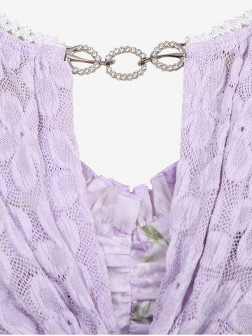 Plus Size Flowers Print Ruffles Ruched Cami Top and Floral Embroidery Hollow Out Chain Panel Twist Crop Top