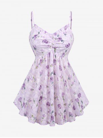 Plus Size Flowers Print Ruffles Ruched Cami Top and Floral Embroidery Hollow Out Chain Panel Twist Crop Top