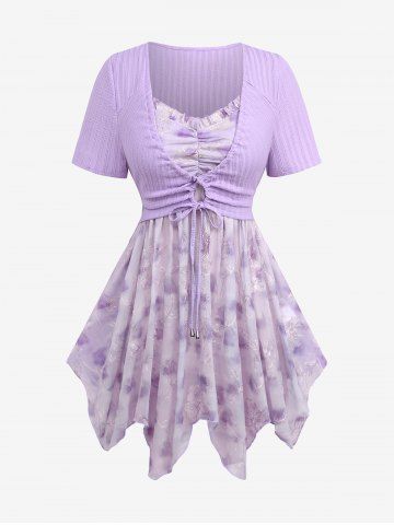 Plus Size Ombre Print Flower Embroidery Cinched Ribbed Textured Asymmetrical 2 In 1 Top - PURPLE - M | US 10