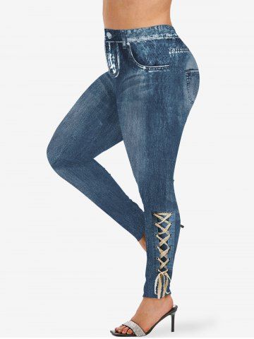 Plus Size 3D Lace Lace-up Button Pocket Distressed Ombre Denim Print Skinny Leggings - BLUE GRAY - 3X