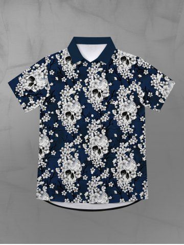Gothic Turn-down Collar Skulls Flower Branch Print Buttons Shirt For Men - BLACK - M