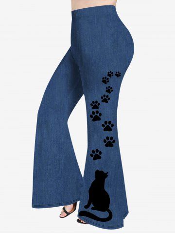 Plus Size Cat Claws Denim 3D Print Flare Pants - DEEP BLUE - S