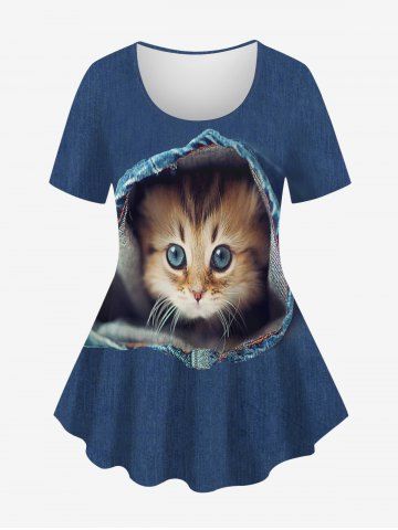 Plus Size Cat Ripped Denim 3D Print T-shirt - DEEP BLUE - S
