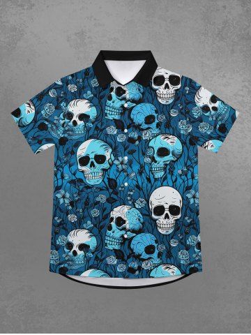 Gothic Turn-down Collar Skull Rose Flower Branch Colorblock Print Buttons Shirt For Men - BLUE - S