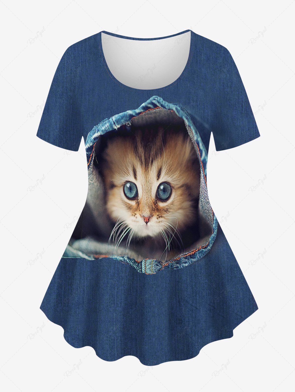 Hot Plus Size Cat Ripped Denim 3D Print T-shirt  