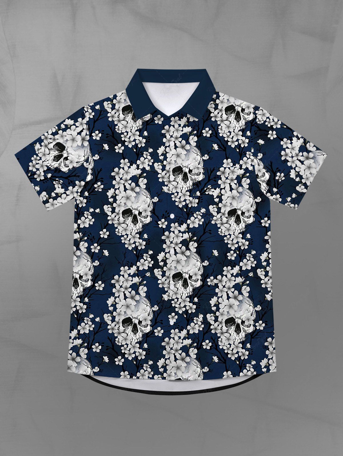 New Gothic Turn-down Collar Skulls Flower Branch Print Buttons Shirt For Men  