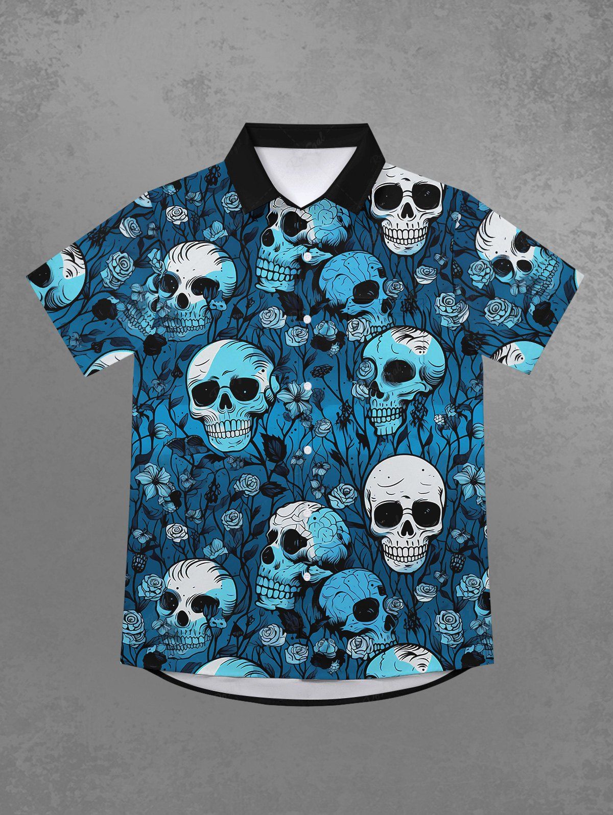 Fashion Gothic Turn-down Collar Skull Rose Flower Branch Colorblock Print Buttons Shirt For Men  