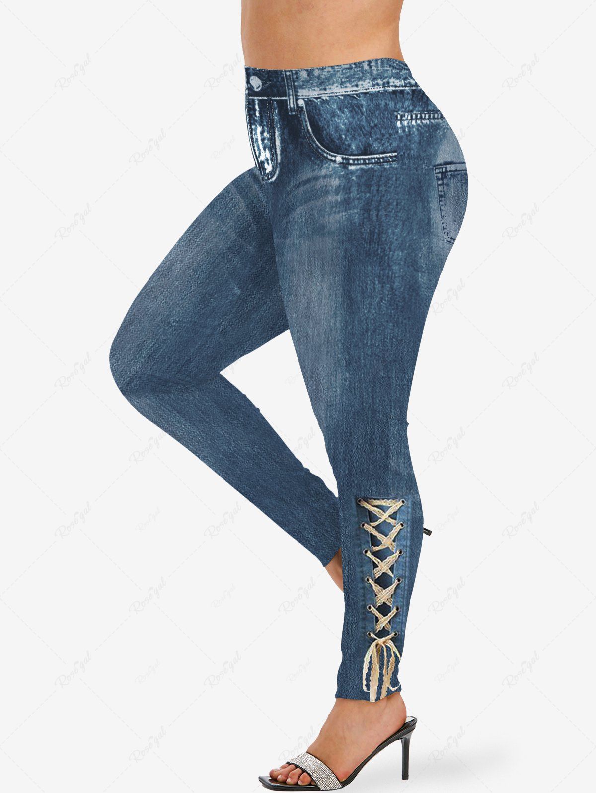 Shop Plus Size 3D Lace Lace-up Button Pocket Distressed Ombre Denim Print Skinny Leggings  