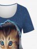 T-shirt Imprimé Chat 3D Déchiré en Denim Grande Taille - Bleu profond 6X