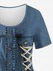 Plus Size 3D Lace Lace-up Buttons Pockets Ruffles Ombre Denim Print Short Sleeves T-shirt -  