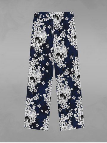 Pantalon de Survêtement avec Cordon de Serrage à Imprimé Crânes et Fleurs Style Gothique pour Hommes - BLACK - L