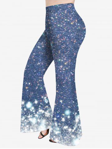 Plus Size Galaxy Glitter Sparkling Sequin Knitted 3D Print Flare Pants - BLUE - S