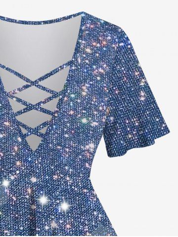 Plus Size Galaxy Sparkling Sequin Glitter Knitted 3D Print Lattice Crisscross Flare Sleeve T-shirt