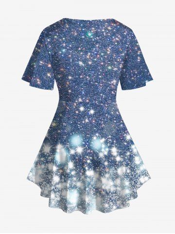 Plus Size Galaxy Sparkling Sequin Glitter Knitted 3D Print Lattice Crisscross Flare Sleeve T-shirt