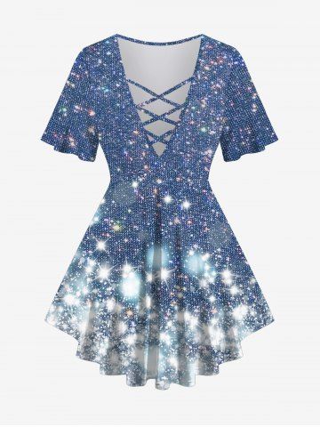 Plus Size Galaxy Sparkling Sequin Glitter Knitted 3D Print Lattice Crisscross Flare Sleeve T-shirt - BLUE - M