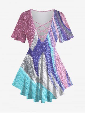 Plus Size Sparkling Sequin Glitter Colorblock 3D Print Lattice Crisscross Flare Sleeve T-shirt