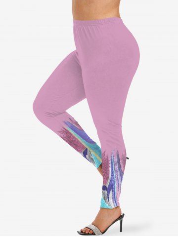 Plus Size Sparkling Sequin Glitter Colorblock 3D Print Leggings - Light Pink - 5x