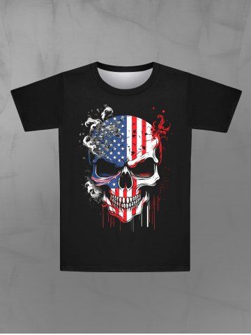 T-shirt Imprimé Drapeau Américain Crânien Style Gothique pour Homme