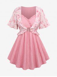 Haut Texturé Feuilles Debout Fleur Imprimé avec Quatre Poches en U - Rose clair 4X | US 26-28