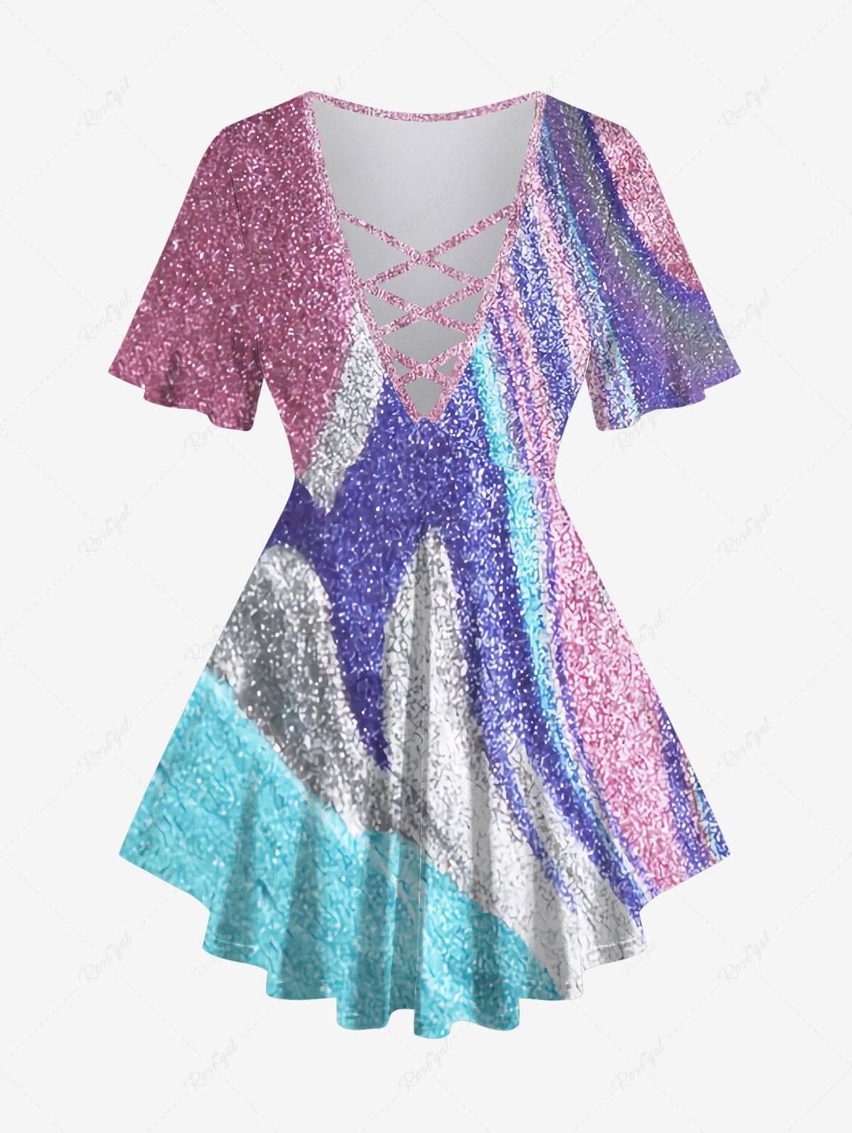 New Plus Size Sparkling Sequin Glitter Colorblock 3D Print Lattice Crisscross Flare Sleeve T-shirt  