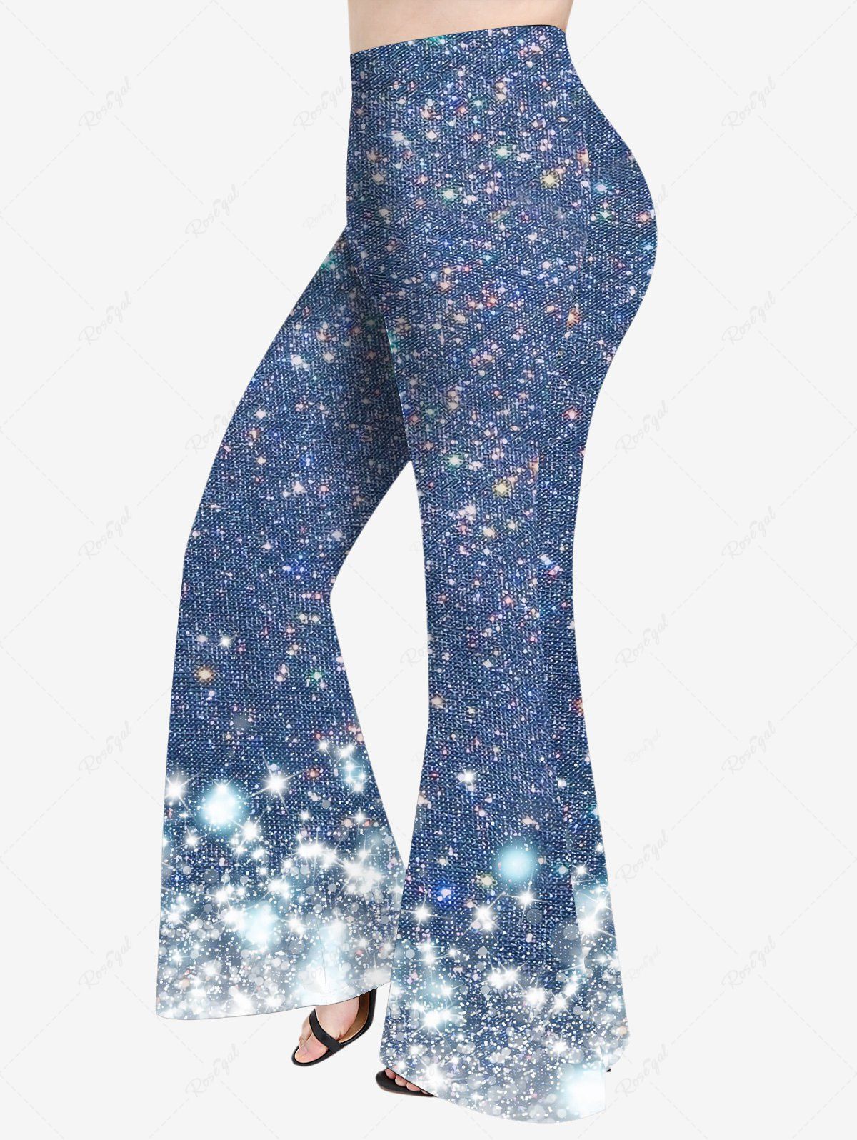 Pantalon Evasé Tricoté 3D Galaxie Imprimée Grande Taille à Paillettes Bleu 6X