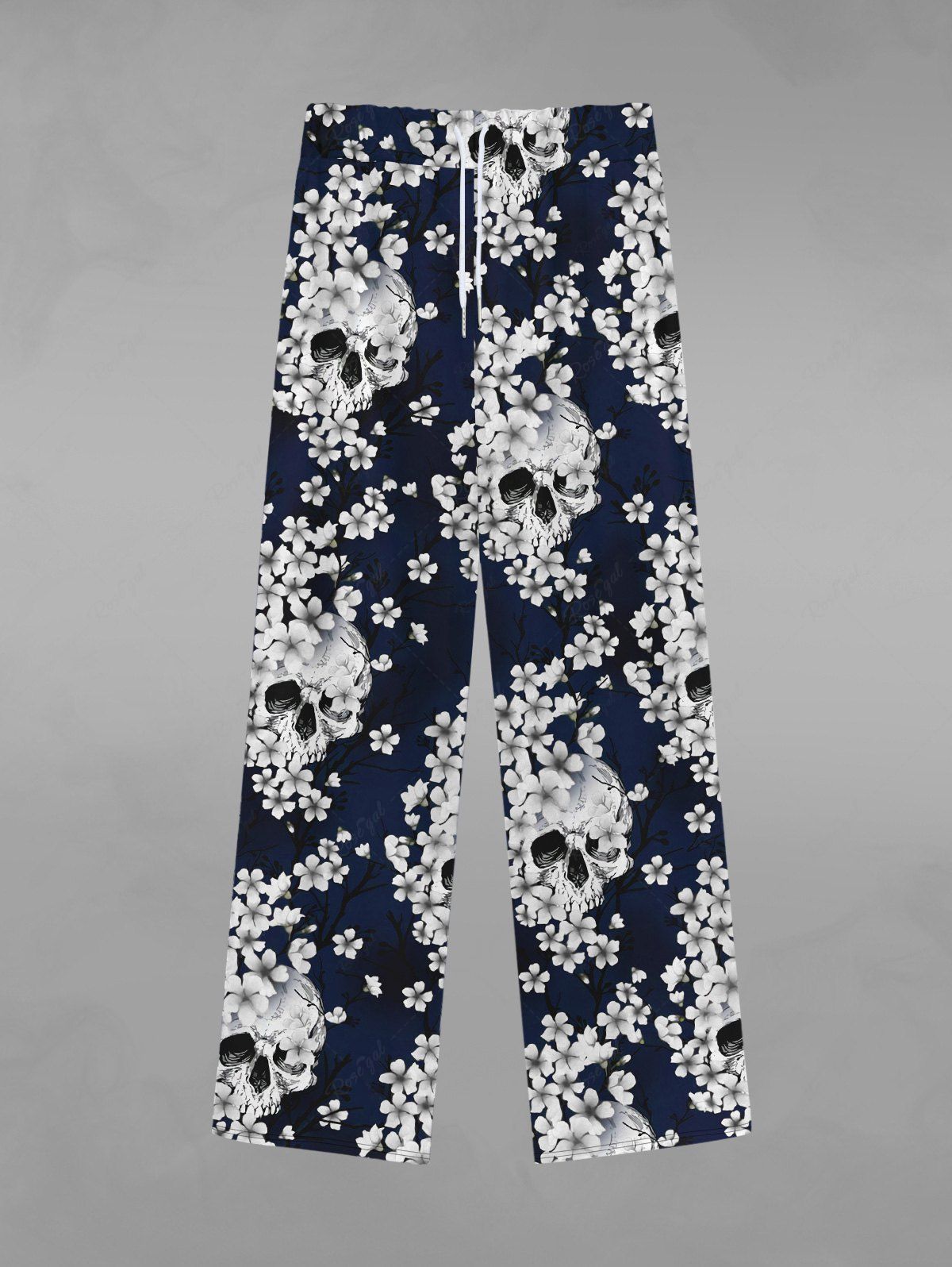 Pantalon de Survêtement avec Cordon de Serrage à Imprimé Crânes et Fleurs Style Gothique pour Hommes Noir 2XL