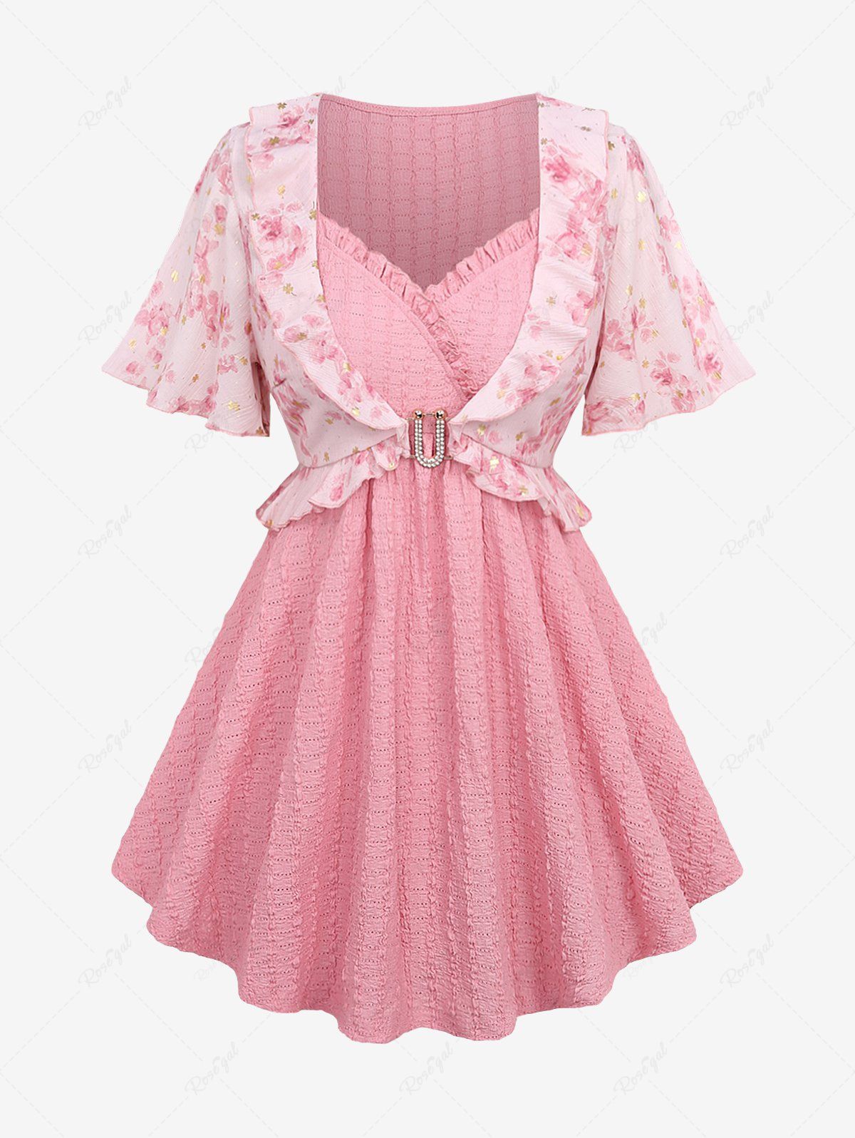 Haut Texturé Feuilles Debout Fleur Imprimé avec Quatre Poches en U Rose clair 4X | US 26-28