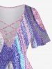 Plus Size Sparkling Sequin Glitter Colorblock 3D Print Lattice Crisscross Flare Sleeve T-shirt -  