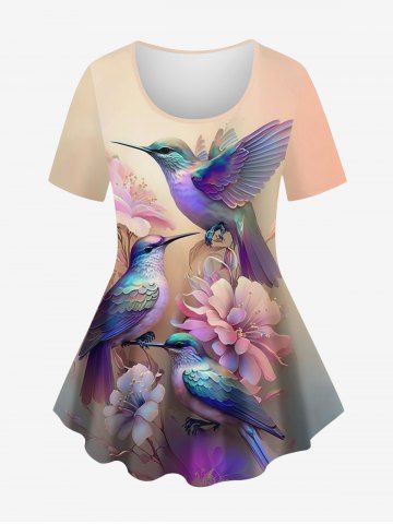 T-Shirt à Imprimé Fleurs Oiseaux à L'Aquarelle Grande-Taille