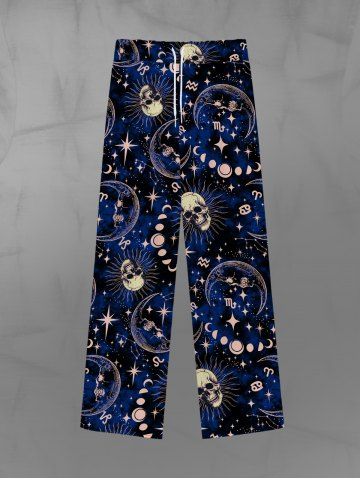 Pantalon de Survêtement Large avec Cordon de Serrage à Imprimé Crâne Etoile Lune et Soleil pour Hommes - BLACK - L