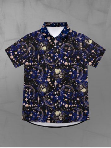 Gothic Galaxy Skull Sun Moon Star Print Button Down Shirt For Men - BLACK - L