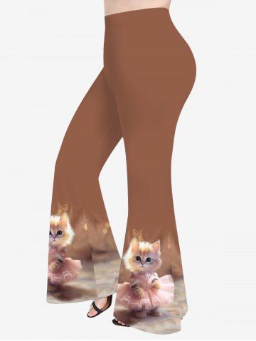 Plus Size Dress Cat Glitter 3D Print Flare Pants - COFFEE - M