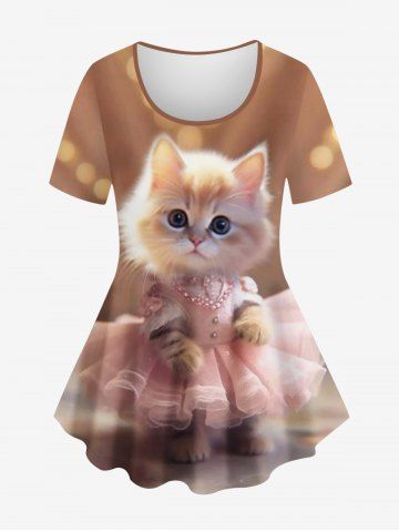 Plus Size Dress Cat Glitter 3D Print T-shirt - COFFEE - 2X