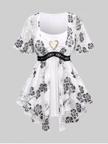 Plus Size Flowers Print Lace Hollow Out Heart Buckle Ruched 2 In 1 Top - WHITE - M | US 10