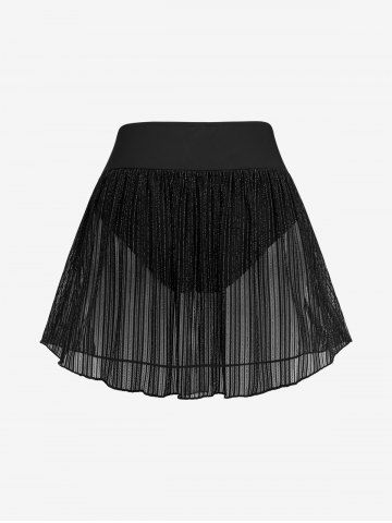 Plus Size Glitter Silver Line Sheer Mesh Skirted Swim Bottom