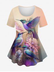 Plus Size Birds Flowers Watercolor Ombre Print T-shirt -  