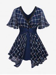 Haut Superposé Tordu à Carreaux Brodé à Ourlet en Dentelle de Grande Taille - Bleu profond 4X | US 26-28