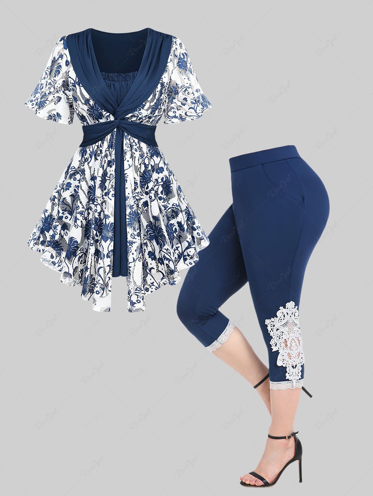 Fashion Crochet Blue And White Porcelain Floral Printed Pleated Twist Ruched 2 In 1 Top and Contrast Lace Panel Leggings with Pocket Plus Size Outfit  