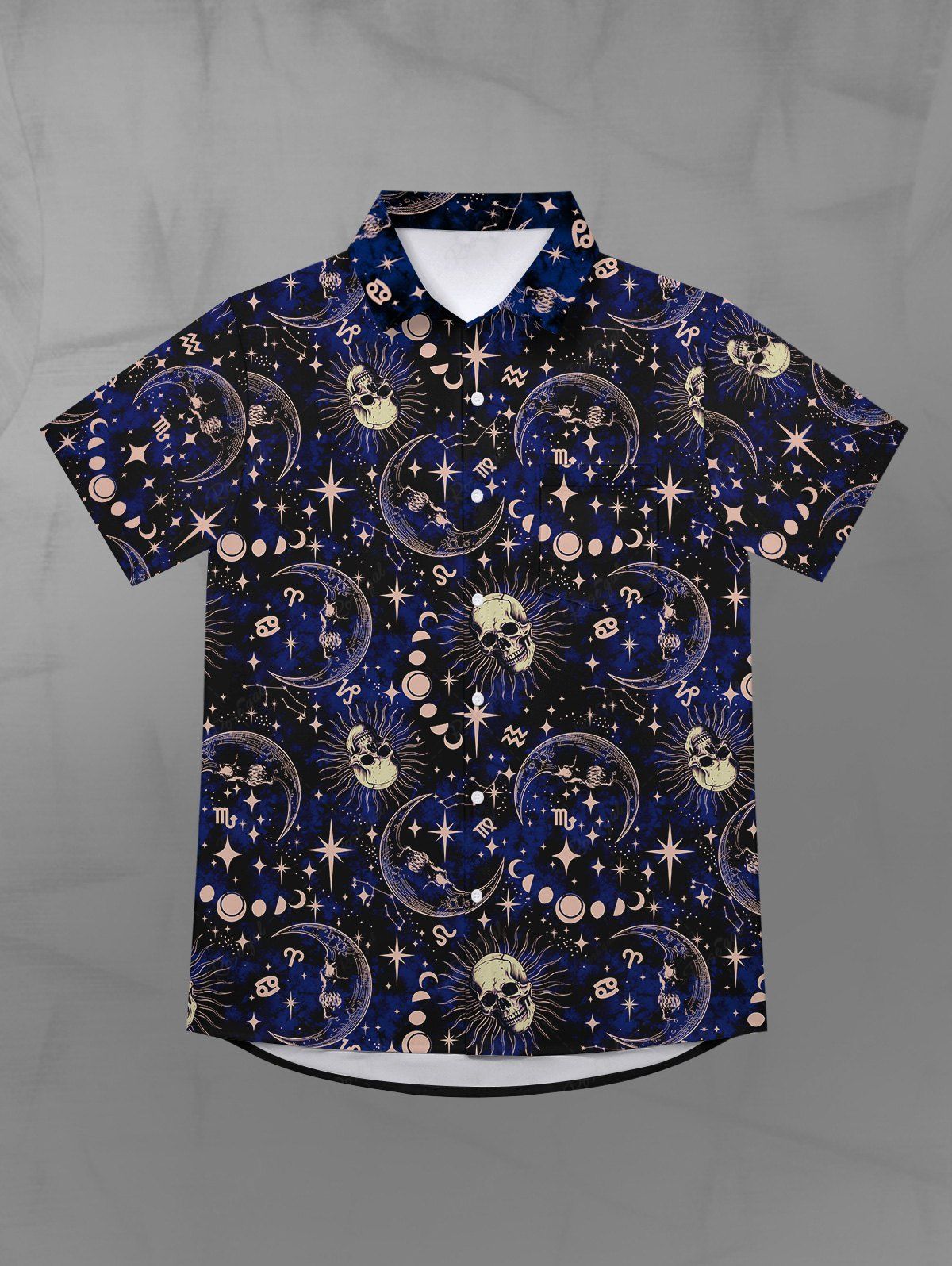 Trendy Gothic Galaxy Skull Sun Moon Star Print Button Down Shirt For Men  