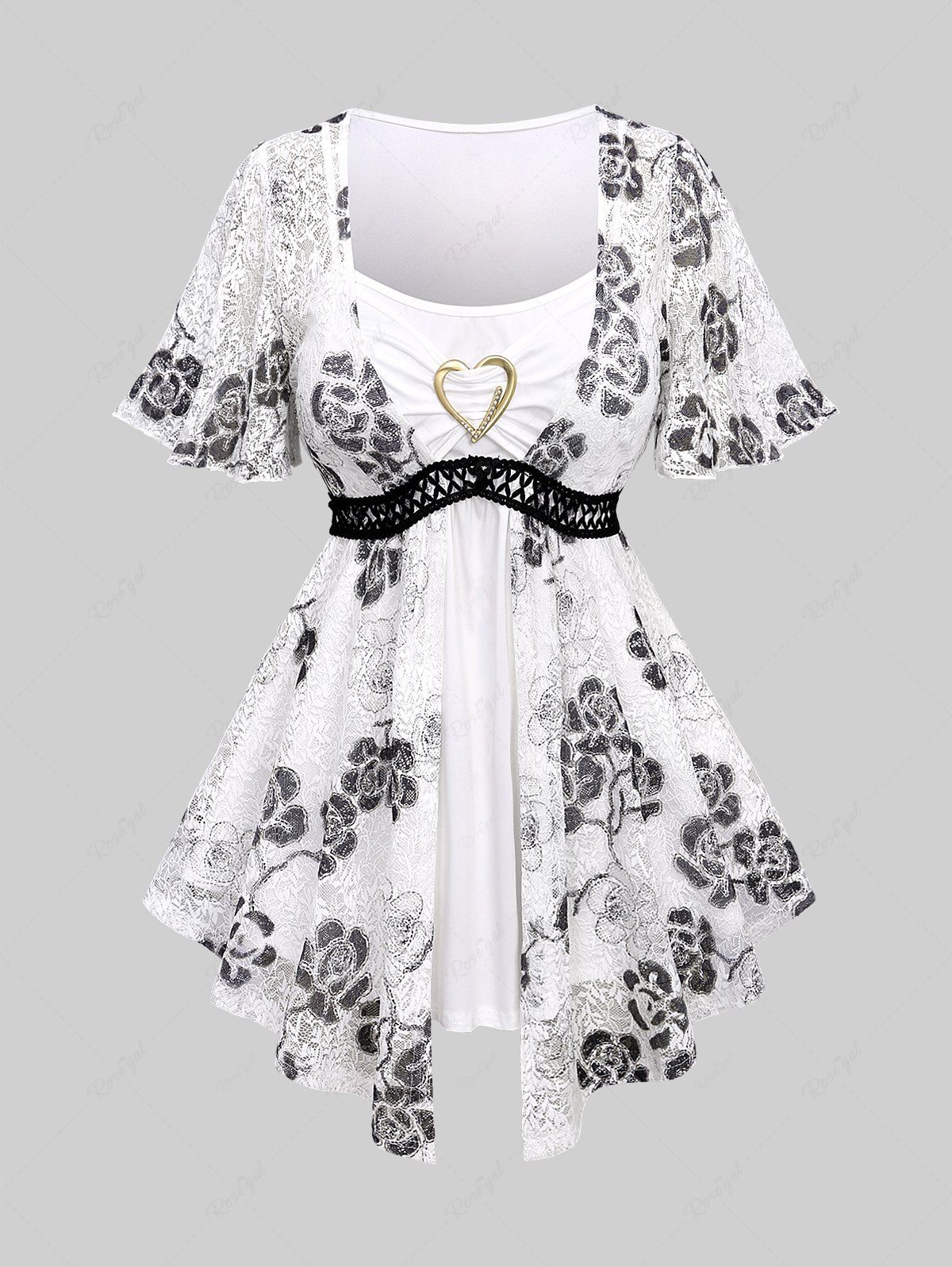Best Plus Size Flowers Print Lace Hollow Out Heart Buckle Ruched 2 In 1 Top  