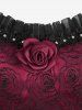 Lace-up Flower Embroidered Jacquard Rivet Ruffles Lace Trim Rose Pin Decorated Tank Dress and Lace-up Eyelash Lace Trim Sheer Chifon Cape Shawl Plus Size Outfit -  
